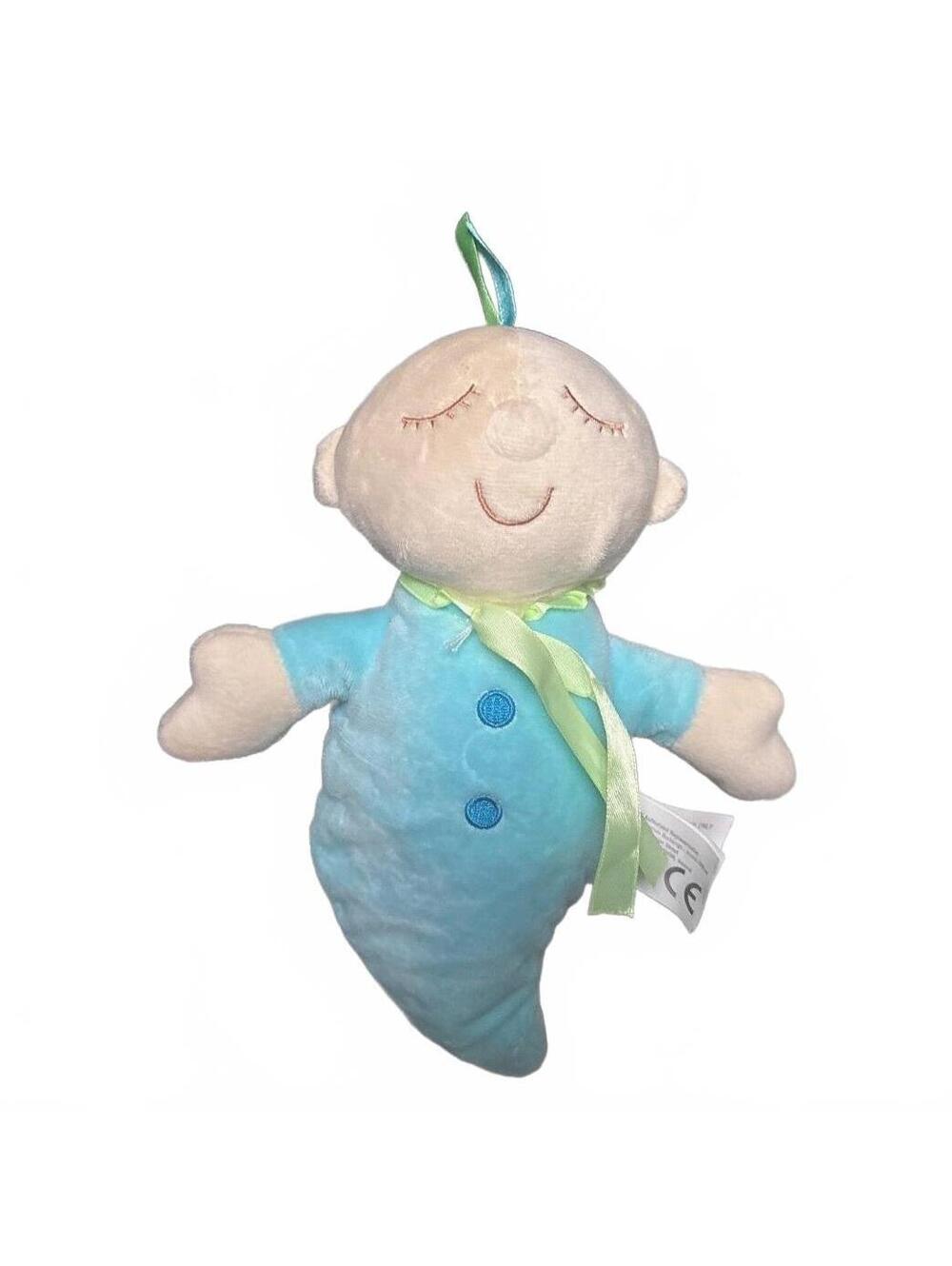 Sleeping Blue Baby Boy Plush Toy Green Bow The Manhattan Toy Company 9” Lovey